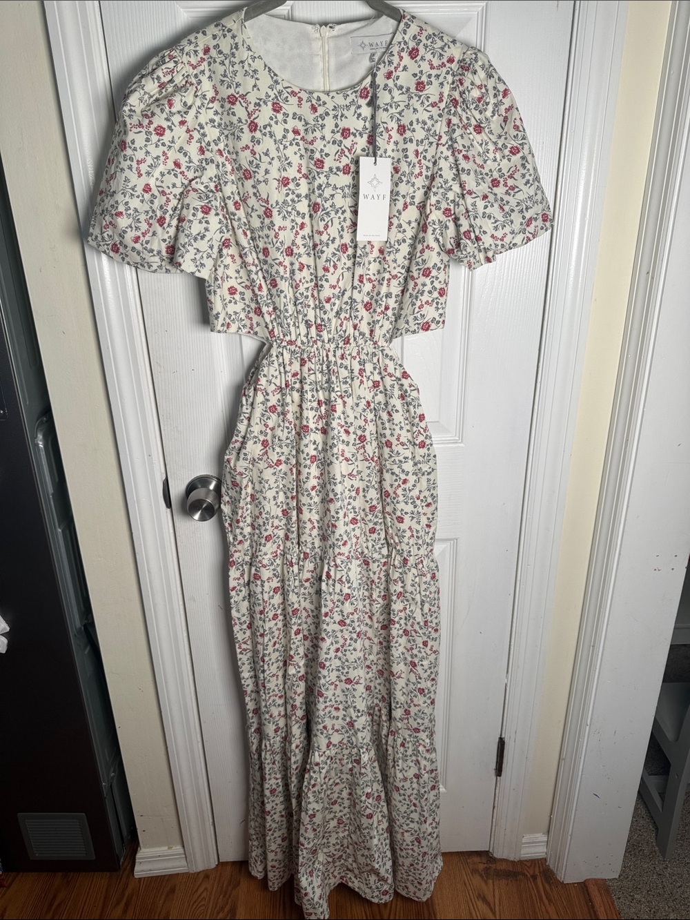 Wayf Ivory Maxi Dress with Pink & Green Floral Print